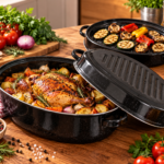 Emajlirani ovalni pekač od 35 cm sa poklopcem koji se koristi kao grill posuda