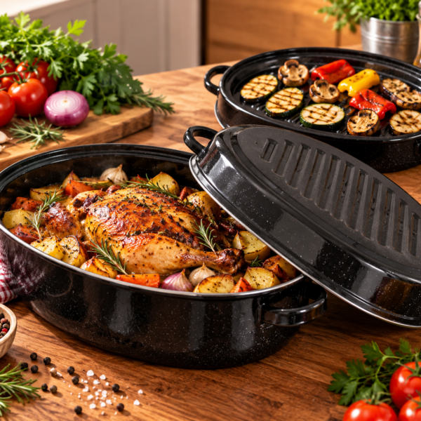 Emajlirani ovalni pekač od 35 cm sa poklopcem koji se koristi kao grill posuda