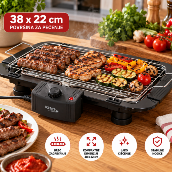 Električni stoni roštilj od 1500W sa površinom za pečenje 38x22 cm