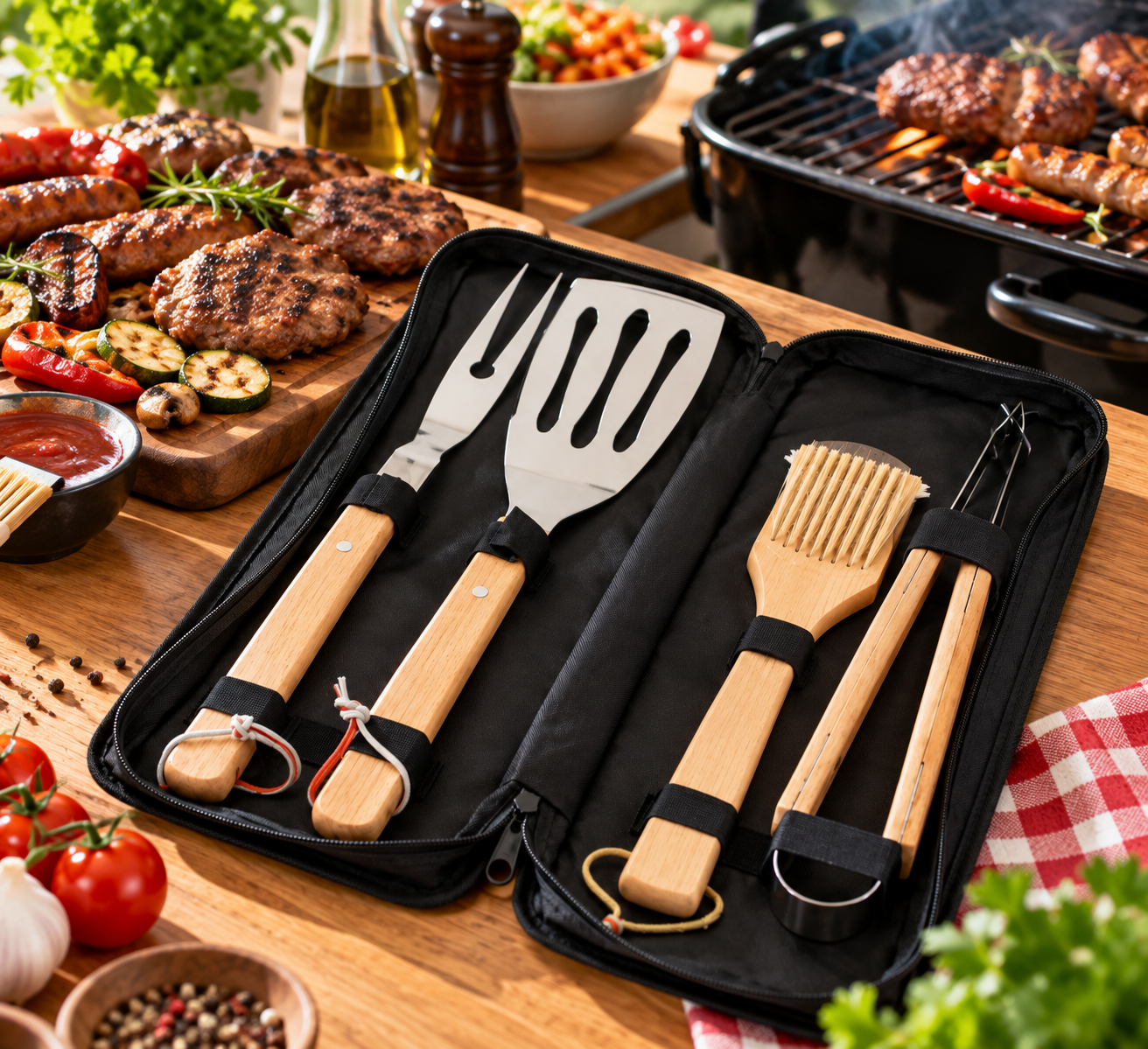 set-pribora-za-rostilj-4-dela Set pribora za roštilj od 4 dela sa hvataljkom, špatulom, viljuškom, četkom i platnenom torbicom
