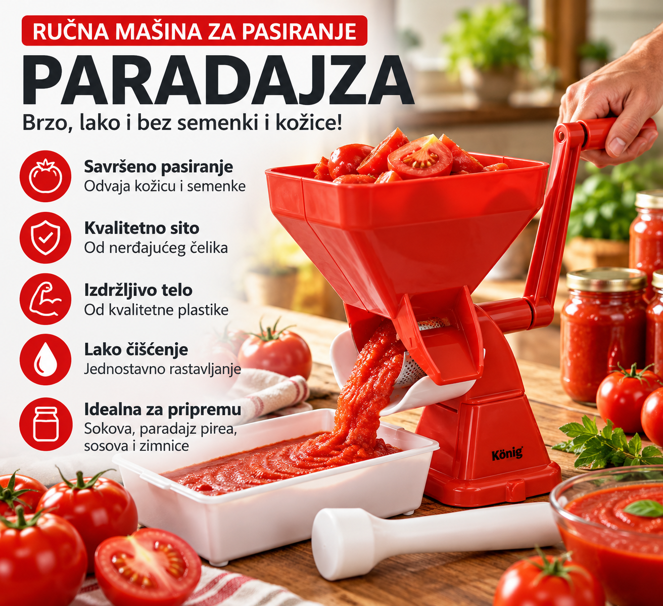 konig-rucna-masina-za-pasiranje-paradajza König ručna mašina za pasiranje paradajza sa sitom od nerđajućeg čelika