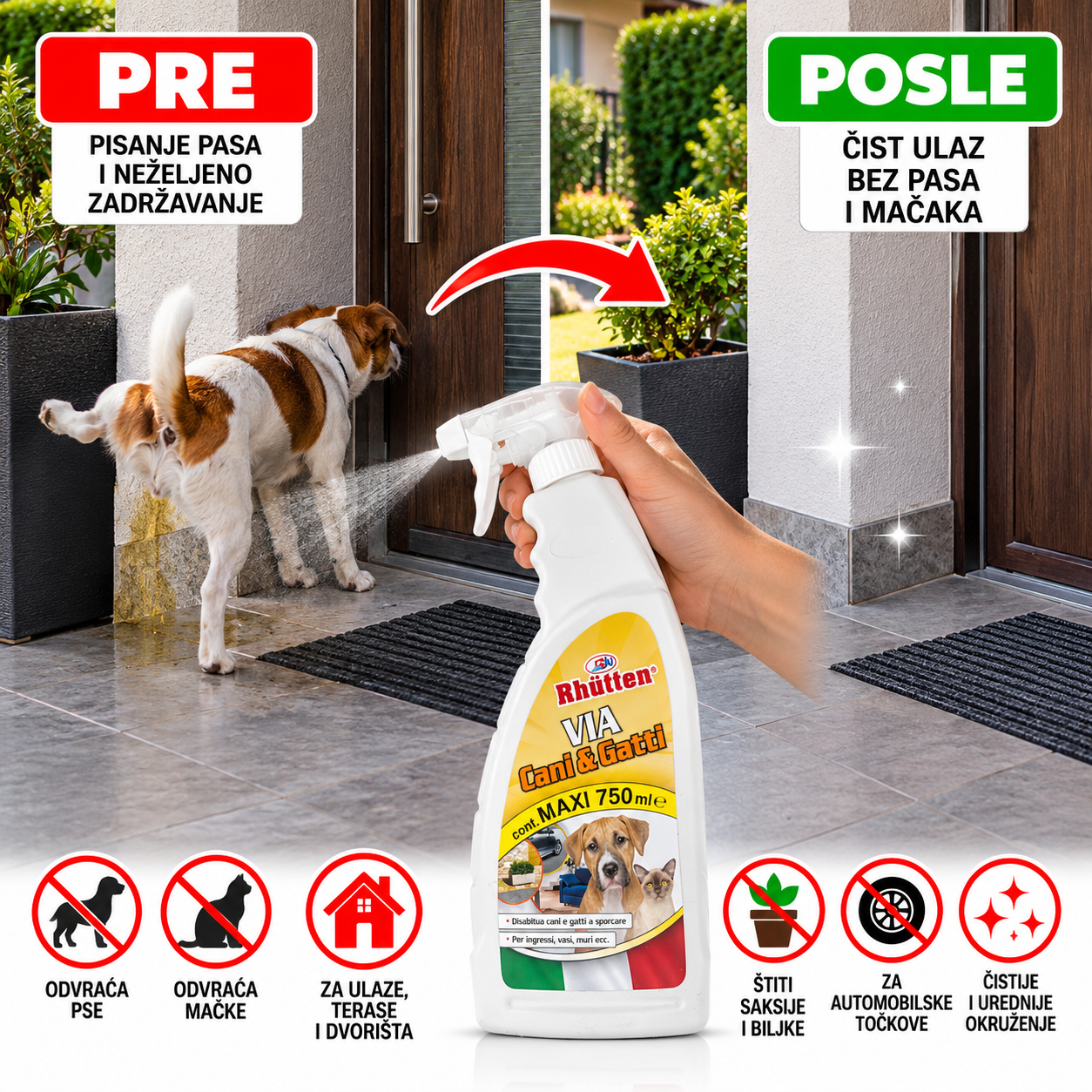 sredstvo-za-odvracanje-pasa-i-macaka Specijalno sredstvo za odvraćanje pasa i mačaka 750 ml – Zaštita dvorišta, terasa, ulaza i automobila Efikasno i bezbedno - Slika 1