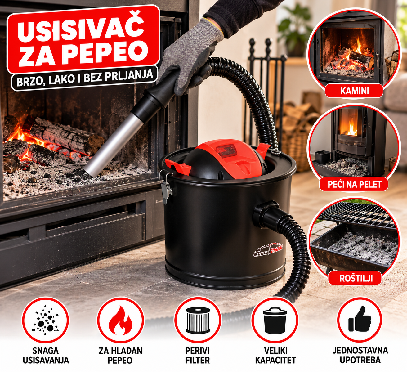 usisivac-za-pepeo Usisivač za pepeo 1000 W – Metalni, 18 L, za kamine, peći i kotlove (Garancija) - Slika 1